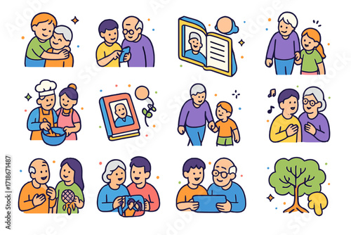 Intergenerational Connection Icons. Colorful isometric vector icons set of intergenerational connection: child giving hug, teenager helping elder with phone,