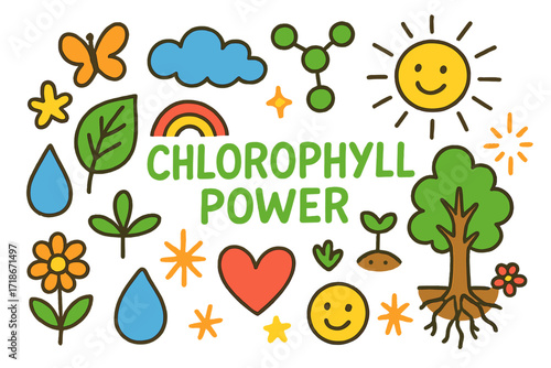 Chlorophyll Doodle Wonders. Colorful Hand-drawn doodle Children illustration Chlorophyll Power [leaf, molecule shape, sprout, sun, cloud, rainbow, water drop,