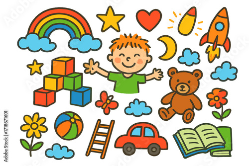 Whimsical Child's Play. Colorful Hand-drawn doodle Children illustration Rainbow Blocks rainbow-colored cubes, star, heart, moon, sun, smiling child, teddy