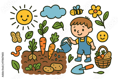 Children's Garden Doodle. Colorful Hand-drawn doodle Children illustration Garden tuber patch, earthnut peas, carrots, potatoes, kid watering, sun, cloud,