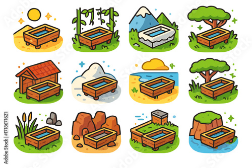 Colorful Trough Icons. Colorful isometric vector icons set of Troughs in different environments: desert trough under sun, jungle trough near vines, mountain