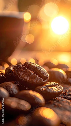 Close Up of Roasted Coffee Beans with Golden Sunlight and Bokeh Background on Wooden Surface in Warm Tones