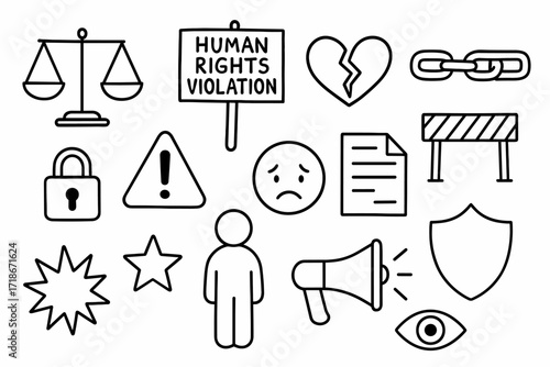 Human Rights Symbols. Hand-drawn doodle illustration Human rights violation scales, protest sign, broken heart, chain, barrier, lock, exclamation mark, sad
