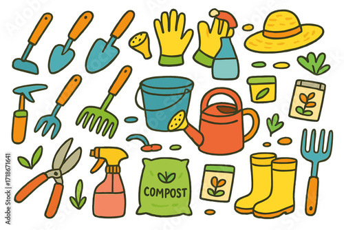 Garden Tools Doodle. Colorful Hand-drawn doodle Children illustration Weeding tools and care hoe, trowel, gloves, watering can, rake, shovel, bucket,