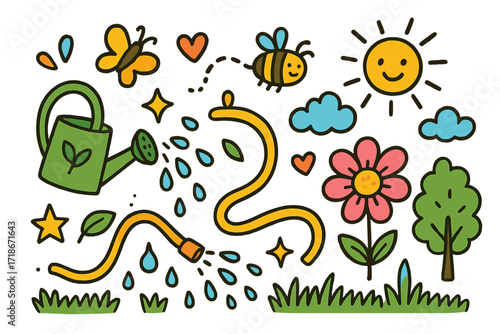Colorful Garden Doodles. Garden sprinkle. Colorful Hand-drawn doodle Children illustration watering can, hose, flower, leaf, droplet, sparkle, star, heart,