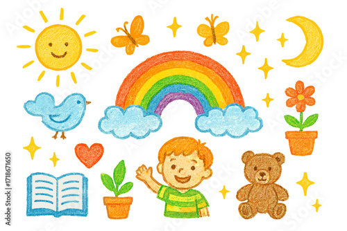 Colorful Doodle Curtains. Colorful Hand-drawn doodle Children illustration Linen Curtains and Rainbow linen curtains, rainbow, clouds, sun, butterflies,