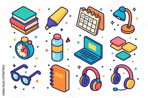Productive Study Icons. Colorful isometric vector icons set of Productive study day: stack of books, highlighter pen, study planner, desk lamp, timer, water