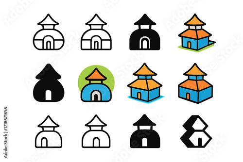 Mindfulness Retreat Logos. Set Logo of Mindfulness practices and meditation retreats: Retreat center building. Logo set in vector style, emblematic variations.