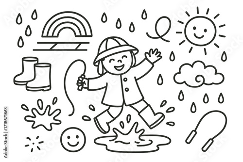 Kids' Rainy Day Fun. Hand-drawn doodle illustration kids outdoor fun in rain boots, puddles, rainbow, jumping legs, happy face, splash mark, rain