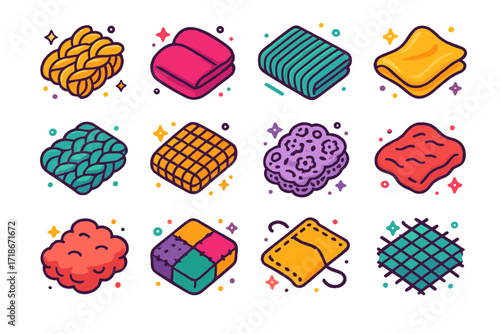 Isometric Fabric Icons. Colorful isometric vector icons set of fabric surface textures: wool knit, velvet plush, corduroy lines, silk sheen, denim weave,