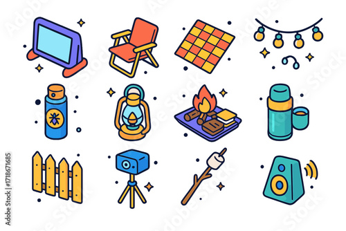 Outdoor Movie Night Icons. Colorful isometric vector icons set of outdoor movie night: inflatable screen, lawn chair, picnic blanket, fairy string lights, bug