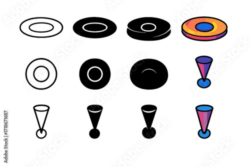 Black Hole Icons. Icon Set of Black Hole Mapping: Accretion disk ring, Event horizon line, Jet emission cone. Icons set in vector style, emblematic variations.