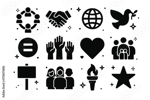Unity Icon Set. Unity. Solid icons set of circle of people, handshake, globe, peace dove, equality symbol, raised hands, heart, inclusive community, protest