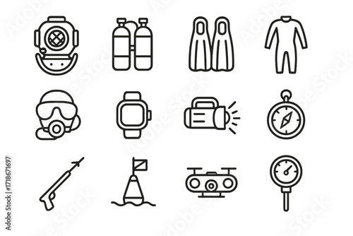 Deep-Sea Diving Icons. Deep-sea diving. Line icon set of deep-sea diving: diving helmet, scuba tank, flippers, wetsuit, oxygen mask, dive computer, underwater