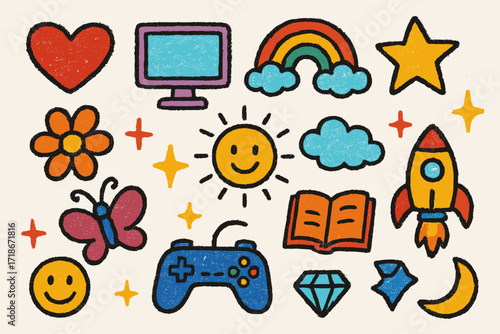 Playful Doodle Collage. Colorful Hand-drawn doodle Children illustration Noisy Pixel Texture [pixel heart, computer, rainbow, star, flower, sun, cloud, spark,