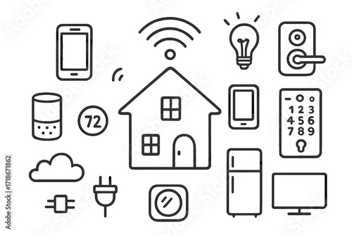 Smart Home Doodle Art. Smart home. Hand-drawn doodle illustration smart home house, wifi signal, smartphone, tablet, smart speaker, thermostat, light bulb,
