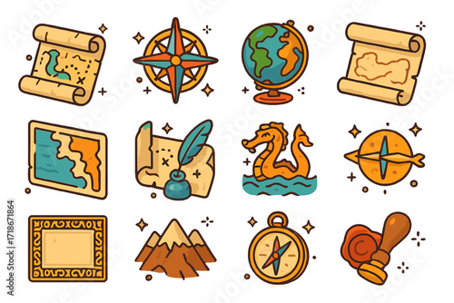 Colorful Cartography Icons. Colorful isometric vector icons set of Old maps and cartography: rolled parchment map, compass rose, antique globe, aged map