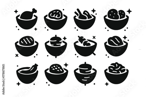 Meat Pita Icons. Meat-filled pita pockets. Solid icons set of meat-filled pita pockets: chicken pita, beef pita, lamb pita, turkey pita, pork pita, gyro pita,