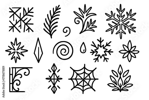 Geometric Frost Patterns. Hand-drawn doodle illustration ice crystal patterns geometric frost, fern-like ice, swirly design, radial crystal, frozen detail,