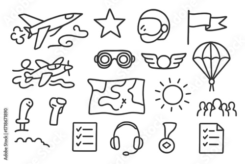 Airshow Doodle Icons. Hand-drawn doodle illustration Airshow pilots [fighter jet, stunt plane, smoke trails, star, pilot goggles, helmet, wings