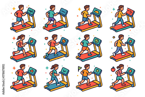 Colorful Treadmill Icons. Colorful isometric vector icons set of treadmill workout modes: interval training, steady jog, hill run, sprints, fat burn program,