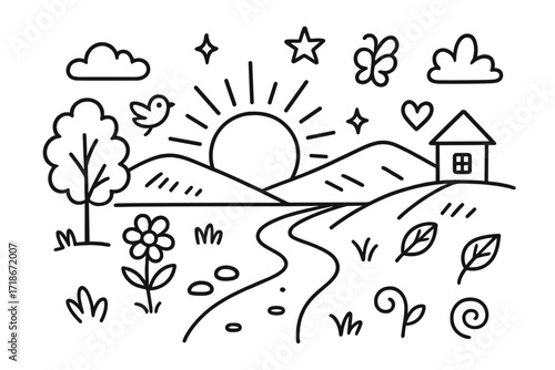 Sunset Doodle Scene. Hand-drawn doodle illustration Sunset over hills [sun, rolling hills, tree, flower, bird, butterfly, star, cloud, sparkle, heart, path,
