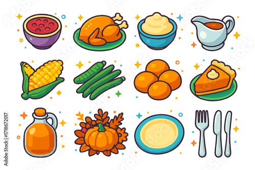 Thanksgiving Icons Grid. Colorful isometric vector icons set of Thanksgiving dinner table: cranberry sauce bowl, roast turkey, mashed potatoes, gravy boat,