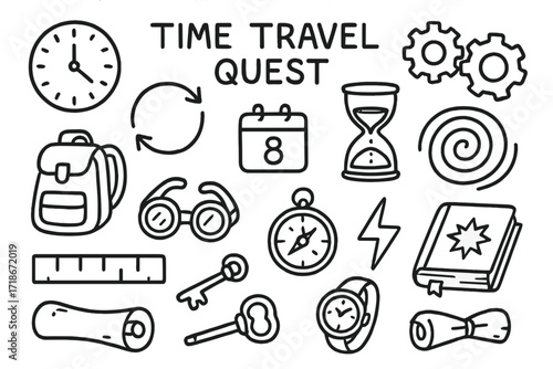 Time Travel Doodle. Hand-drawn doodle illustration Time travel quest [clock, time loop, hourglass, gears, timeline, calendar, portal, backpack, goggles,
