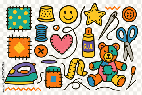 Colorful Sewing Doodles. Colorful Hand-drawn doodle Children illustration Repair patch patch fabric, iron, thread, button, smiley face, needle, thimble, patch