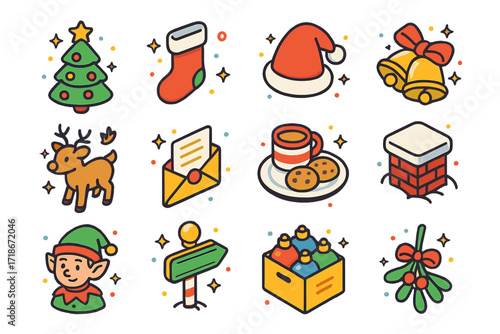 Christmas Tradition Icons. Colorful isometric vector icons set of Christmas traditions: Christmas tree, stocking, Santa hat, sleigh bells, reindeer, letter to