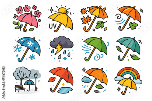 Seasonal Umbrella Icons. Colorful isometric vector icons set of umbrella use in different seasons: spring bloom with umbrella, summer sun with UV umbrella,