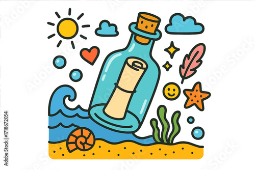 Doodle Message in Bottle. Colorful Hand-drawn doodle Children illustration message in a bottle rolled paper, glass bottle, cork, waves, shell, starfish, heart,
