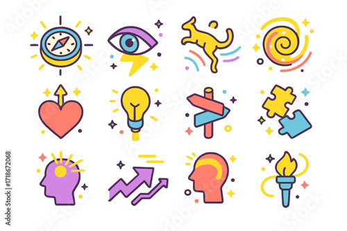 Colorful Intuition Icons. Colorful isometric vector icons set of intuitive insight: inner compass glow, quick vision flash, instinctive leap icon, gut feeling