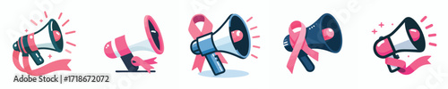Pink Ribbon Breast Cancer Awareness Megaphone – Modern Vector Illustration Set