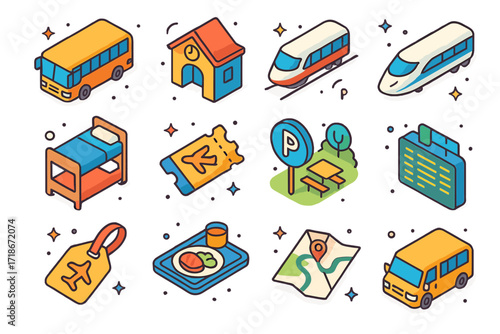 Isometric Travel Icons. Colorful isometric vector icons set of long-distance travel options: intercity bus, train station, high-speed train, sleeper cabin,