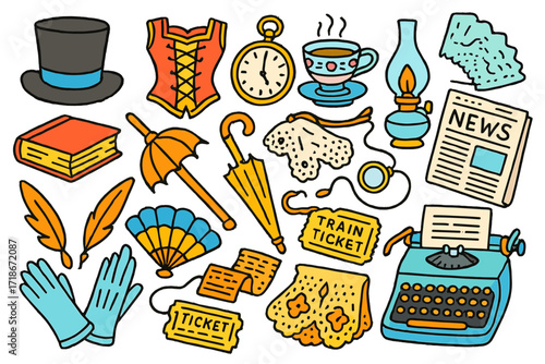Victorian Doodle Icons. Colorful Hand-drawn doodle Children illustration [Victorian era inspiration] [top hat, corset, pocket watch, teacup, gas lamp, old