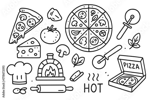Pizza Doodle Icons. Hand-drawn doodle illustration Pizza [pizza slice, whole pizza, cheese, tomato, pepperoni, mushroom, basil leaf, crust, rolling pin, oven,