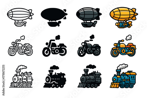 Steampunk Vehicles Icons. Icon Set of Steampunk vehicles: airship, steam-powered motorcycle, armored train. Icons set in vector style, emblematic variations.