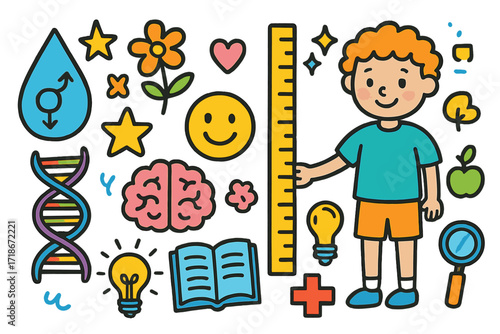 Children's Growth Symbols. Colorful Hand-drawn doodle Children illustration Growth and development child figure, ruler, hormone droplet, DNA strand, star,