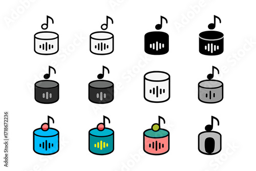 Smart Assistant Music Logos. Set Logo of Voice-Controlling Music: Smart Assistant Device. Logo set in vector style, emblematic variations. line, bold thick