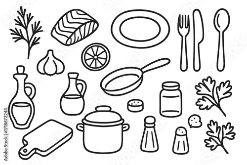 Dill and Fish Doodles. Hand-drawn doodle illustration dill and fish dishes dill sprig, fish fillet, lemon slice, plate, fork, knife, spoon, garlic, olive oil