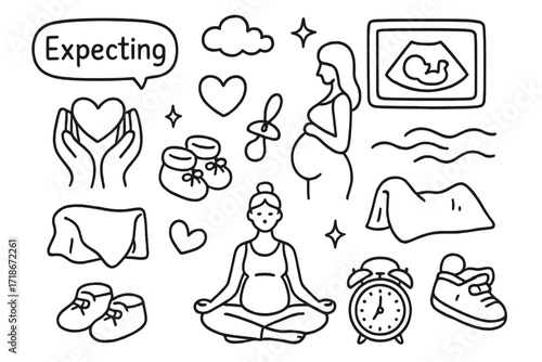 Pregnancy Doodle Icons. Hand-drawn doodle illustration Expecting baby gentle hands, growing belly, baby booties, soft blanket, ultrasound screen, heart,