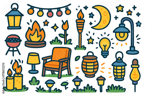 Whimsical Outdoor Lighting. Colorful Hand-drawn doodle Children illustration Outdoor evening lights [garden lantern, fairy string lights, fire pit, tiki torch,