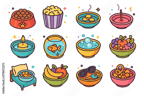 Colorful Isometric Bowl Icons. Colorful isometric vector icons set of bowls in daily use: pet food bowl, popcorn movie bowl, coin catch-all bowl, incense bowl,