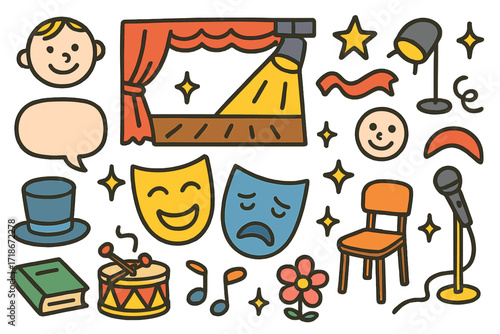 Doodle Theater Icons. Colorful Hand-drawn doodle Children illustration Improvised Scenes comedy mask, tragedy mask, stage, spotlight, speech bubble, chair,