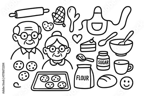 Baking Icons Collection. Hand-drawn doodle illustration baking with grandparents rolling pin, cookies, oven mitts, apron, mixing bowl, spoon, flour bag, sugar
