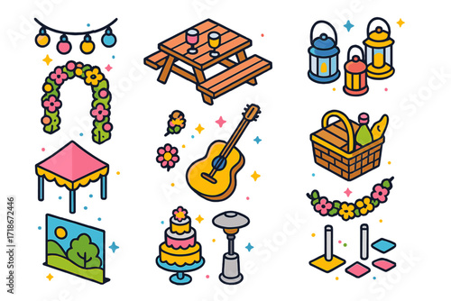 Outdoor Anniversary Icons. Colorful isometric vector icons set of outdoor anniversary party: string lights, picnic table setup, outdoor lanterns, floral arch,