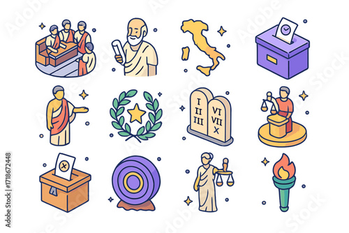 Republic History Icons. Colorful isometric vector icons set of History of republics: Roman senate scene, philosopher with scroll, republic map, early voting