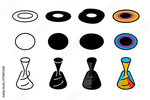 Black Hole Icons. Icon Set of Black Hole Mapping: Accretion disk ring, Event horizon line, Jet emission cone. Icons set in vector style, emblematic variations.