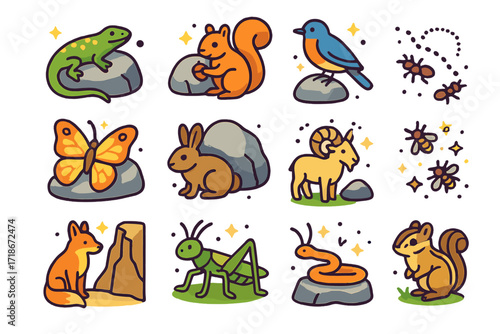 Boulder Wildlife Icons. Colorful isometric vector icons set of Boulder Wildlife and Nature: lizard on rock, squirrel near boulder, bird perched, butterfly on